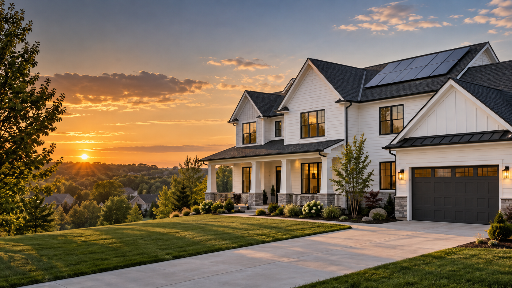 Contemporary home with roof, siding, gutters, and solar panels